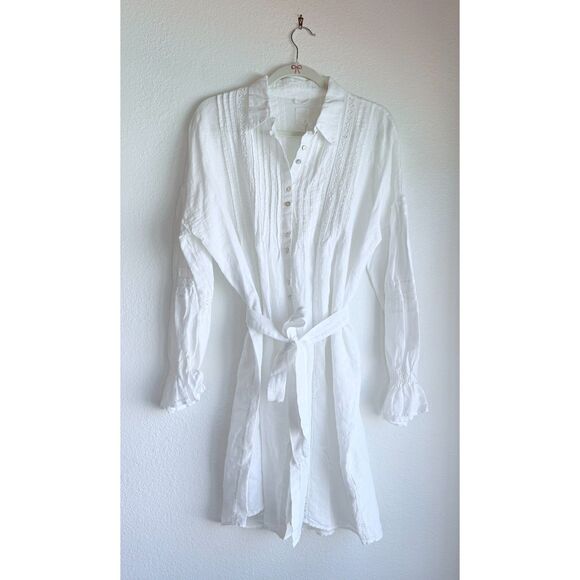 NWT 120% Lino Belted Linen Button Front Pintuck Detail Shirt Dress in White Sz S - Picture 2 of 11